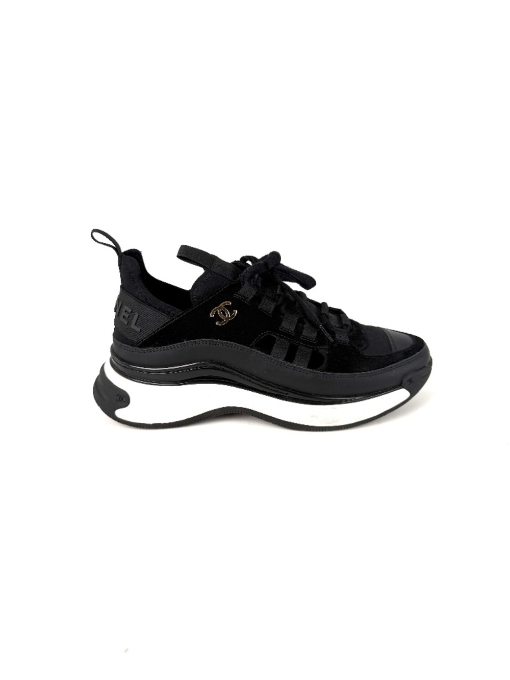 CHANEL Suede Calfskin Perforated Mixed Fibers CC Black Sneakers 37 6
